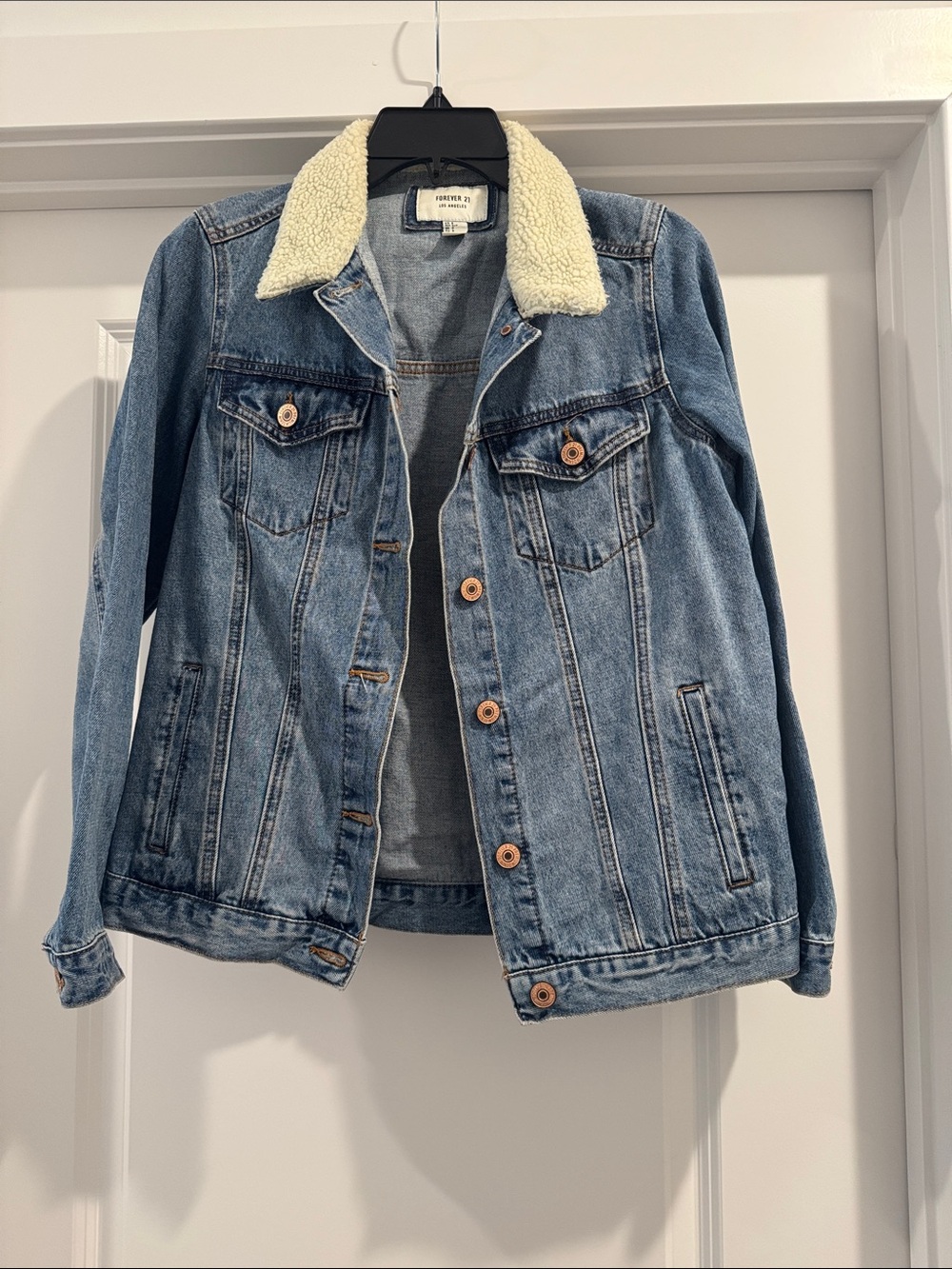 Forever 21 Light Blue Denim Jacket with Cream Sherpa Collar